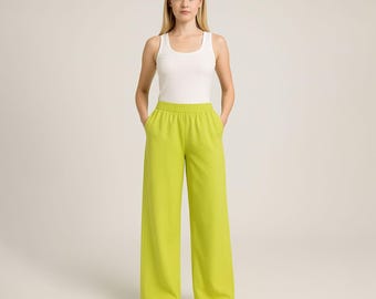 Women's Denim Pants | Elastic Waist Jeans | Cotton Wide Leg Trousers with Pockets
