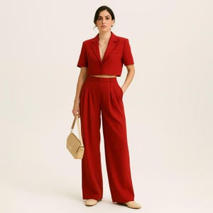 Women&#39;s red linen suit: comfort, pockets, available in XXS-5X & custom sizes. 29 colors. Crafted from natural linen with cotton lining.
