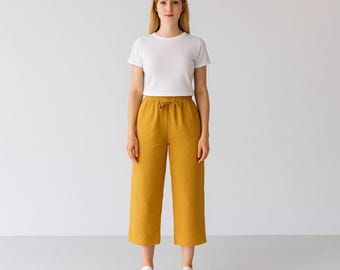 Mustard Linen Cropped Pants: Women's Organic Capri with Pockets