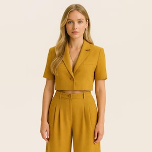 Women&#39;s mustard linen suit: comfort, pockets, available in XXS-5X & custom sizes. 29 colors. Crafted from natural linen with cotton lining.