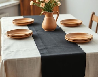 Black Natural Linen Table Runner: Rustic Farmhouse Table Decor