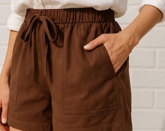Women's brown linen shorts: Comfort, pockets, elastic waist, drawstrings. Custom sizes. 29 colors