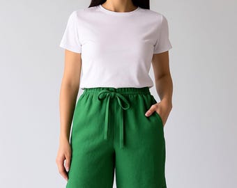 Women's green linen shorts: Comfort, pockets, elastic waist, drawstrings. Custom sizes. 29 colors
