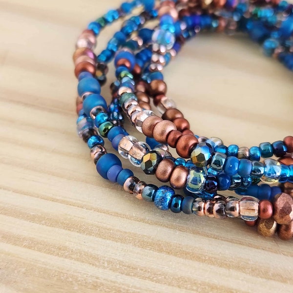 161 Sapphire Blue Jewel Tone Beaded Stretch Wrap Bracelet, Blue and Bronze Copper Elastic Stack Bracelet, Beaded Stretch, Long Necklace