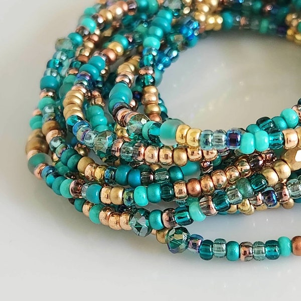8181 - Mixed Teal Turquoise Sea Foam Stretch Seed Bead Wrap Bracelet, Beaded Wrap Bracelet, Long Beaded Bracelet, Boho Beaded Bracelet Stack