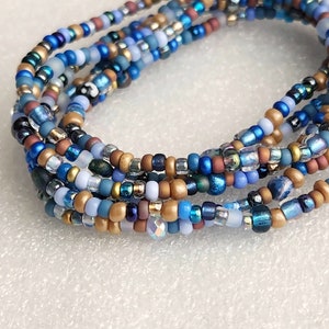 878 Blue Mix Seed Beaded Stretch Elastic Wrap Bracelet, Multi Wrap Bead Bracelet, Layer Wrap, Beaded Stack Bracelet