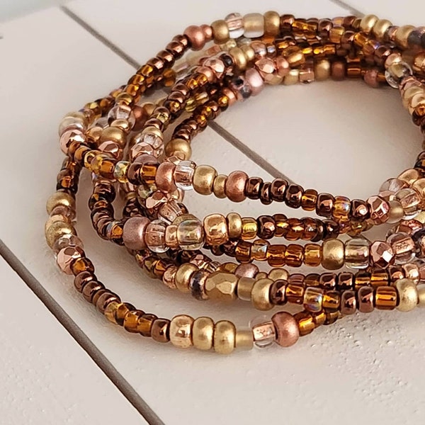 858 Amber Honey Copper Gold Rose Gold Stretch Beaded Wrap Bracelet, Elastic Autumn Jewelry, Stacking Fall Bangle, Long Jewelry