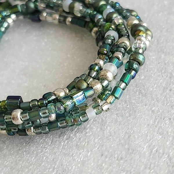 77 Emerald Green and Silver Seed Bead and Crystal Beaded Stretch Wrap Bracelet, Wrap Around Bracelet, Long Necklace