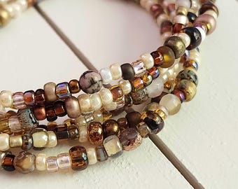 9760 Walnut Carmel Chestnut Ivory color Beaded Stretch Wrap Bracelet, Long Necklace
