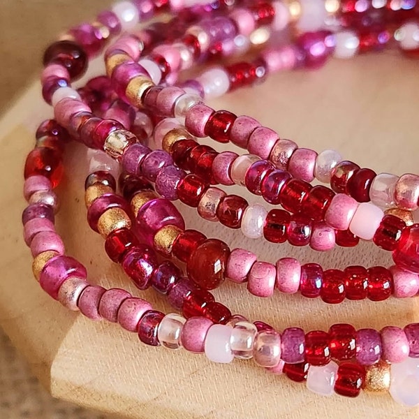 2424 Delicate Red Hot Pink Valentines Beaded Bracelet, Red Valentine's Day Beaded Wrap, Red and Pink Beaded Bangle, Layered Stretch Bracelet