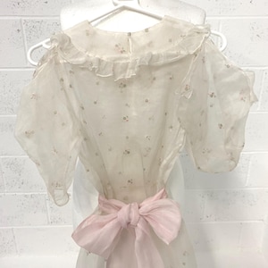 Vintage 1930&#39;s white organdie, embroidered ethereal long dress with pink sash