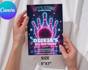 Invitación de cumpleaños de bolos editable, fiesta de neón brillante, invitación de bolos con brillo, invitación de cumpleaños, plantilla de Evite editable, Canva editable, divertida