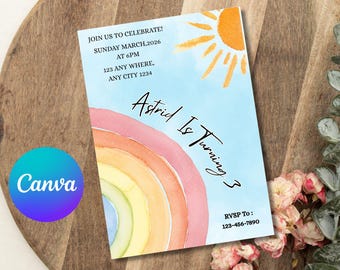 Plantilla de invitación para fiesta de cumpleaños con arcoíris de acuarela, invitación para fiesta divertida con arcoíris, invitaciones para fiesta de niñas, plantilla editable de Canva, descarga instantánea