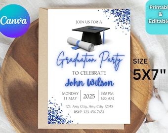 Invitación a fiesta de graduación, plantilla de anuncio de graduación, tarjeta de anuncio de graduación, tarjeta con birrete y borla, descarga autoeditable, Canva