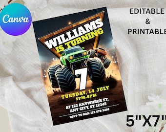 Invitación de cumpleaños de Monster Truck, plantilla editable de invitación de cumpleaños de Monster Truck para niño, invitación a fiesta temática de Monster Truck, Digital Evite