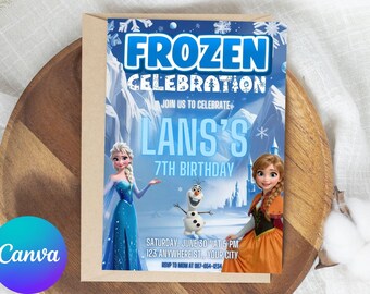 Plantilla de invitación de cumpleaños de Frozen imprimible, invitación de cumpleaños de nieve invernal imprimible y editable, invitación de Elsa de Frozen editable, descarga instantánea