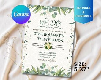 Plantilla de invitación de boda de eucalipto, tarjeta de invitación de boda, invitación de boda verde de 5x7, descarga de invitación de boda editable, Canva