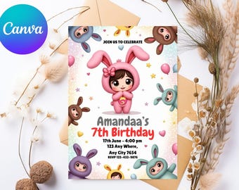 Plantilla de invitación de cumpleaños para bebé, plantilla editable de Canva, invitación digital para fiesta, plantilla de Canva, invitación imprimible, PDF