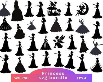Princess Svg-bundel, Princess Silhouette Svg-bundel, Princess Cut-bestanden voor Cricut, Princess Vector, Princess Clipart, Instant Digitale Download