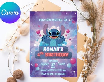 Invitación editable de Stitch, plantilla de invitación para fiesta de cumpleaños de Stitch, invitación digital para fiesta infantil (niños y niñas), edición en Canva, descarga instantánea