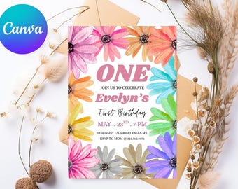 Invitación de cumpleaños con margaritas pastel, invitación de primer cumpleaños con flores, invitación de fiesta de cumpleaños con flores para niña, margaritas de acuarela de colores, invitación con margaritas