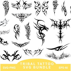 Könnte beinhalten: Eine Sammlung schwarzer Stammes-Tattoo-Designs in verschiedenen Formen und Größen. Die Designs umfassen abstrakte Muster, Drachensilhouetten und symmetrische Formen. Der Text "TRIBAL TATTOO SVG BUNDLE" wird in Gelb angezeigt.