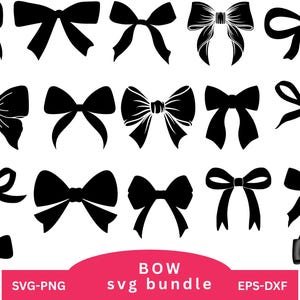 Puede incluir: Un conjunto de 14 archivos de corte SVG de lazo en blanco y negro. Los diseños de lazo son de varios estilos y tamaños. El texto "BOW svg bundle" está en la parte inferior de la imagen.