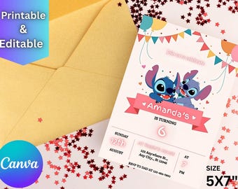 Plantilla de invitación de cumpleaños de Stitch, diseño editable de dibujos animados de cumpleaños de Evite y divertido Canva para fiesta infantil, plantilla de invitación imprimible para fiesta de Stitch
