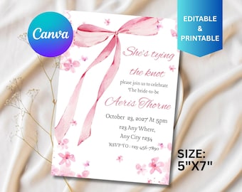 Invitación de despedida de soltera "She's Tying the Knot", invitación de boda minimalista con lazo rosa pastel suave, lazo de cinta rosa coqueta minimalista, Canva