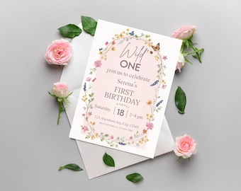 Invitación editable de primer cumpleaños con flores silvestres, invitación floral de primer cumpleaños, plantilla imprimible de invitación de brunch, plantilla editable.