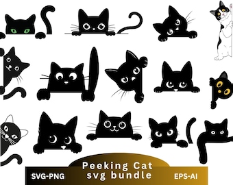 May include: A collection of black cat illustrations in various poses, peeking from behind a surface. Some cats have green or yellow eyes. The phrase "Peeking Cat svg bundle" is at the bottom, with "SVG-PNG" and "EPS-AI" labels.