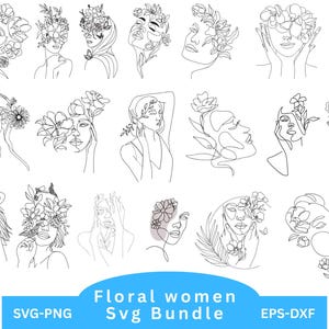 Floral woman Svg,Flowers in Hair Svg Bundle,Line Art face svg,Woman with flower head Svg,Girl With Flower,Line Art Women SVG Bundle.