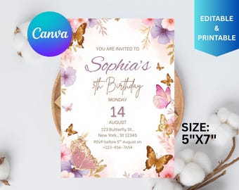 Invitación de cumpleaños de mariposa, invitación de mariposa rosa, invitación de cumpleaños de niña, invitación de primer cumpleaños, decoración de mariposa dorada, recuerdo de fiesta