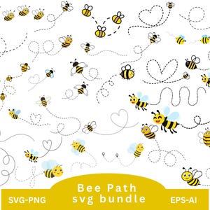 Peut inclure: Plusieurs abeilles de dessin animé jaunes et noires volent le long de chemins en pointillés. L'image comprend le texte "Bee Path svg bundle" sur une bannière jaune. Les abeilles ont des visages souriants.