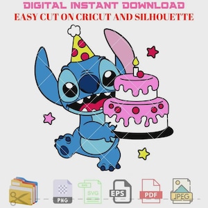 Birthday Cake Stitch Svg, Happy Birthday Svg, Birthday Party Svg, Kawaii Svg, Cricut, Silhouette Vector Cut File
