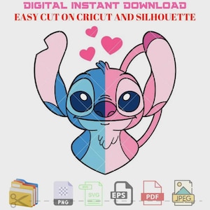 Stitch and Angel Svg, Love Svg, Valentine’s Day Svg, Kawaii Svg, Cricut, Silhouette Vector Cut File