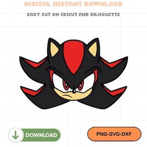 May include: A digital download graphic of a cartoon character's face, featuring black, red, and tan colors. The image includes the text "DIGITAL INSTANT DOWNLOAD" and "EASY CUT ON CRICUT AND SILHOUETTE". Buttons read "DOWNLOAD" and "PNG-SVG-DXF".