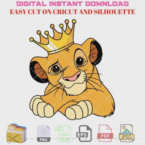 Puede incluir: Una descarga digital de un dibujo animado de un cachorro de león con una corona dorada. La imagen está disponible en los formatos PNG, SVG, EPS, PDF y JPEG.