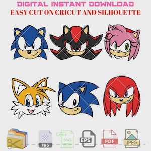 Puede incluir: Descarga digital de seis cabezas de personajes de dibujos animados, incluyendo Sonic the Hedgehog, Tails, Knuckles, Shadow the Hedgehog, Amy Rose y un segundo Sonic the Hedgehog. Los personajes están en una variedad de poses y expresiones. La imagen incluye el texto "DIGITAL INSTANT DOWNLOAD" y "EASY CUT ON CRICUT AND SILHOUETTE".