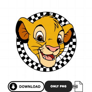 Puede incluir: Imagen de la cara de un cachorro de león de dibujos animados, con melena amarilla y orejas marrones, enmarcada en un círculo a cuadros blanco y negro. El cachorro tiene la nariz rosa y está sonriendo. Debajo están las palabras "DOWNLOAD" y "ONLY PNG".