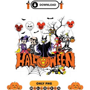 Happy Halloween Disney PNG, Mickey Minnie Donald Goofy Maleficent Digital Clipart, Spooky Pumpkin Balloon Bat Ghost Costume Artwork
