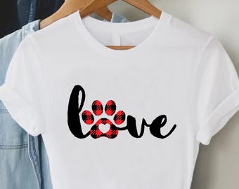 Love Dog Paw Shirt, Love Dog Tshirt, Buffalo Plaid Paw Love Tshirt,Dog Mom Shirt, Womens Dog Lover Tee,Funny Womens Tee, Animal Lover Shirt