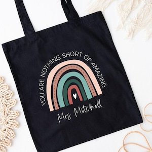Personalized Teacher Bag Aesthetic, Custom Teacher Appreciation Tote Bag,Boho Ranbow Tote Bag, Teacher Thank You Gift,Last Day of School Bag