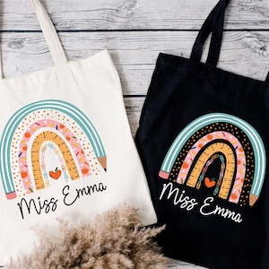 Custom Teacher Rainbow Tote Bag,Cute School Tote Bag Gift,Teacher Thank You Gift,Personalized Teacher Gift Bag,Teacher Appreciation Tote Bag