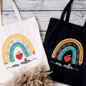 Custom Teacher Thank You Canvas Tote Bag, Personalized Teacher Rainbow Tote Aesthetic, Teacher Appreciation Gift,Last Day of School Tote Bag