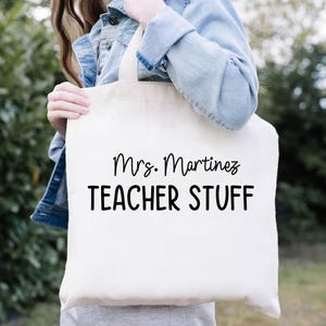 Personalized Teacher Stuff Tote Bag, Teacher Appreciation Canvas Shoulder Tote Bag, Custom Teacher Name Tote Bag Gift,Last Day of School Bag
