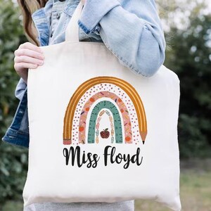 Personalized Back To School Gifts For Teacher, Pencil Rainbow Tote Bag,Custom Teacher Tote Bag,Teacher Appreciation Canvas Shoulder Tote Bag