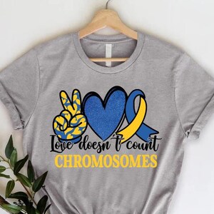 Down Syndrome Support Shirt,Love Doesn&#39;t Count Chromosomes Shirt,Down Syndrome Awareness Tee,T21 Tshirt, Blue Yellow Ribbon,Down Warrior Tee
