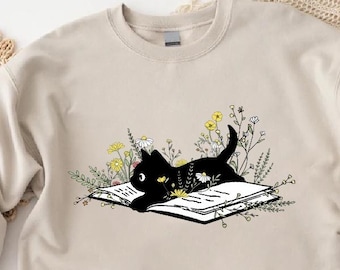 Floral Book Cat Sweatshirt,Bookish Sweatshirt,Book Lover Gift,Cat and Book Shirt,Reader Bookish Shirt,Book Lover Sweatshirt, Book Nerd Shirt