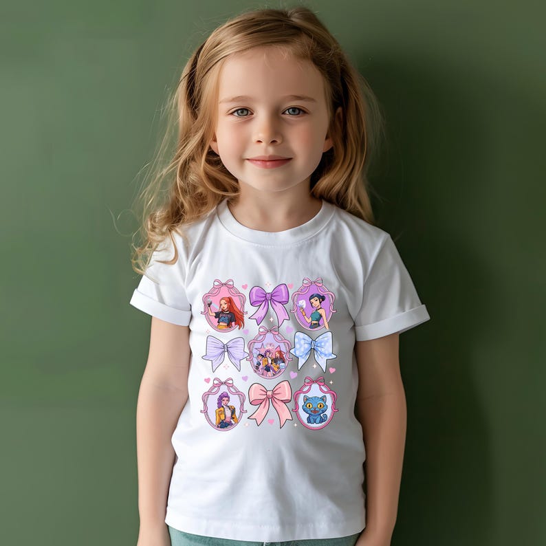 May include: White t-shirt featuring a colorful graphic design of cartoon characters in oval frames with bows. The design includes pink, purple, and blue bows, and the characters have various hair colors. The shirt is worn by a young girl.